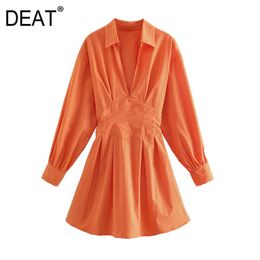 [DEAT] Summer Fashion Turn-down Collar Long Sleeve Solid Color Drawstring Personality Mini Dress Women 13Q102 210527