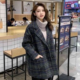 Women Plaid Wool Blends Coat Winter Autumn Fashion Elegant Tweed Woollen Outerwear Female 210515