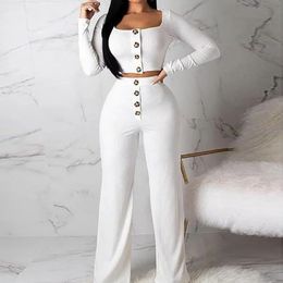 Women Two Pieces Outfits Long Sleeve Button Crop Tops+Button High Waist Wide Leg Pant Fashion Suits Slim Female Spring Fall Sets X0428