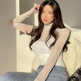 Women's Blouses & Shirts WOMENGAGA Transparent Mesh Turtleneck Top Women Sexy Long Sleeve Blouse Tight Thin 2021 Autumn Sunscreen Bottom Shi