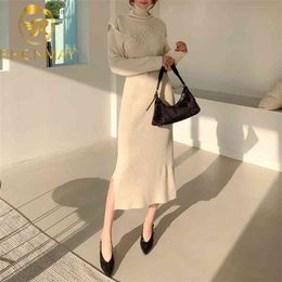 Winter High collar Full Sleeve Long Knit Dress Female Vestidos Casual Shoulder leakage Women Sweater 210506