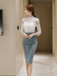 Sexy 3/4 Sleeve Lace Blouse High Waist Ruffles Pencil Skirt Women Bodycon office work Midi Suit 2 Pieces Sets Clothing 210529