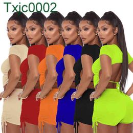 Designer Sexy Women Tracksuits Two Piece Set Designer Solid Colour Short Sleeve Shorts Open Back Pleated Sports Suit Outfits Sportwear