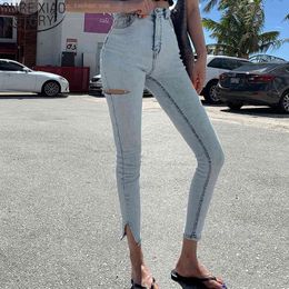 Streetwear Light Blue High Waist Stretch Skinny Pants Split Ripped Hole Pencil Jeans Women Trousers 10397 210417