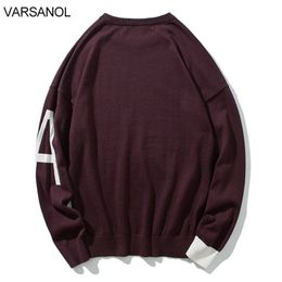 Varsanol Winter Clothes Cotton Mens Sweater Pullovers Clothing Fashion Embroidery Letter A Korean Oversized Sweater O Neck 210601