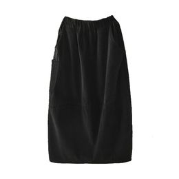 Black Gray Brown Lace Elastic Waist Lantern Midi Skirt Elegant Solid Autumn Corduroy Pocket S0190 210514