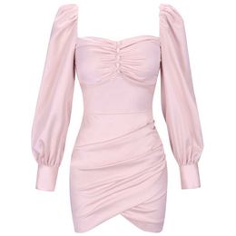 Ocstrade Pink Square Collar Long Sleeve Mini Wrinkled Puff Bandage Dress HI1067-Pink 210527