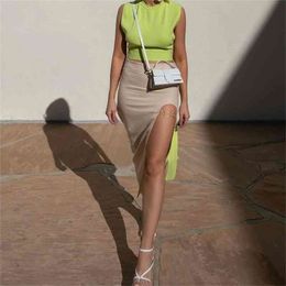 TRAF Women Fashion Sexy Halter Solid Colour Short Vest Sleeveless Hem Tether Knit Tops Streetwear 210819