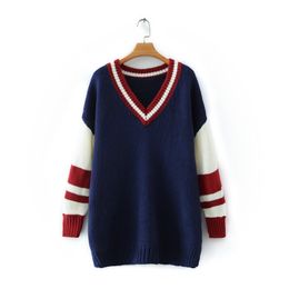 HSA Winter Autumn Women Pullover V-neck Patchwork Versatile Loose Knitwear Base Long Sweater Jumper Tops 210417