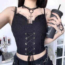Gothic Sexy Bandage Camis Women Black Spaghetti Strap Backless Bodycon Crop Tank Tops Female Vintage Camisoles Summer 210623