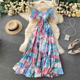 Women Spring Cross Stretch Slim Long Tie-dye Print Big Swing Dress Holiday Style V-neck Female Maxi Vestidos D019 210506