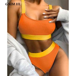 GNIM High Waist Patchwork Swimsuit Women Bikini Set 2020 Summer Sexy Bandeau Swimwear Push Up Two Pieces Bather Suit Women New X0522