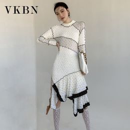 VKBN Summer Dress for Women Patchwork Casual Full Sleeve High Waist Irregular Hem Elegant Vestidos De Fiesta Fashion 210507