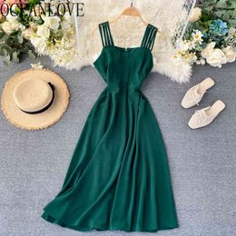 Spring Summer Dresses Solid A-line Beach Style Vestidos Korean High Waist Ins Slim Sexy Midi Dress Elegant 19531 210415