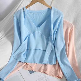 Summer solid Colour knitted Cardigans Korean short cardigan V-neck top With all-match base sling sweater two-piece female trend 210420