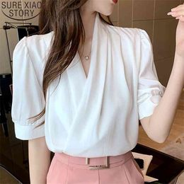 Office Lady Blouse Fashion V-neck Women Summer Chiffon s Short Sleeve Tops Female Clothes Blusas 14080 210506