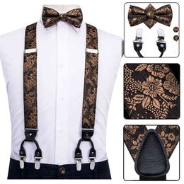 Hi-Tie Silk Adult s suspenders Set Leather Metal 6 Clips Braces Gold Brown Floral Vintage Fashion Wedding Suspenders Men