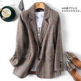 PEONFLY Vintage Single Breasted Office Ladies Plaid Blazer Long Sleeve Loose Coat Jacket Women Blazers Female 211122