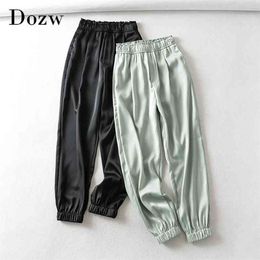 Women Fashion Solid Satin Joggers Pants High Elastic Waist Long Sweatpants Trousers Female Casual Pencil Bottoms 210515