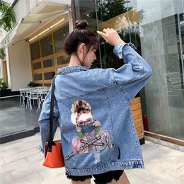 Autumn Women's Denim Jacket Jeans Coat Print Chic Harajuku Frayed Beaded Short Casual Loose Spring Ladies 210922