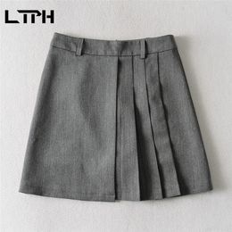 TLPH few design vintage Preppy Style suit Pleated skirt High Waist slim Solid Colour all-match Mini Skirts women Autumn 210427