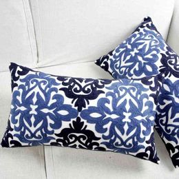 Embroidery Cushion Cover Ethnic Blue Floral Pillow Case For Sofa Seat Simple Home Decorative Rectangle 30*50cm 210401