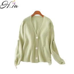 H.SA Fall Fashion and Cardigans V neck Broken Hole Chic Kitting Jumpers Yellow Cute Cardigan Sweater mujer 210417