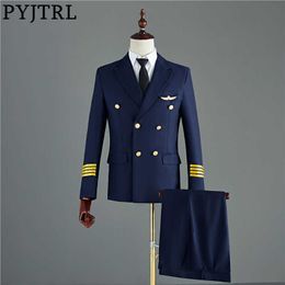 PYJTRL Navy Blue Black Mens Two-piece Captain Suits Jacket And Pants Men Groom Wedding Slim Fit Suit Party Costume Homme Tuxedo X0909