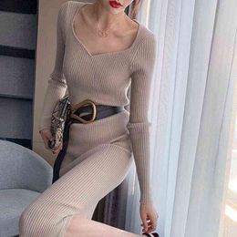 Autumn sweater Sheath black dress elegant 2021 new Korean midi long V-neck bottoming dress with coat slim knitted dress women Y1204