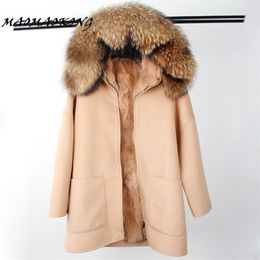 Winter Parka Wool Cashmere Coat Women Fur Jacket Overcoat Collar Hooded Rex Rabbit Fur liner Top Quality 211019