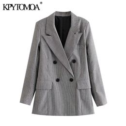 Women Fashion Double Breasted Cheque Blazer Coat Long Sleeve Pockets Female Outerwear Chic Tops 210420