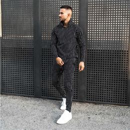 New Fashion Spring Autumn Casual Men's Suit Hot Selling Style Striped Plaid Jacket Trousers For Men Hip-Hop Stand Collar Sets Y0831