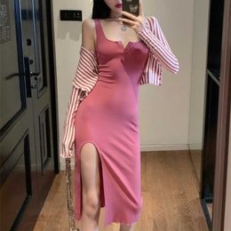 Autumn Comfortable Stripe Summer Tops + Split Sexy Tank Vest Dress Two Piece Women's Pink Dresses Korea Top L06P 210603