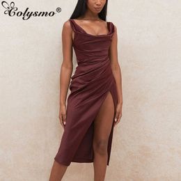 Colysmo Summer Tank Dress Sexy Side Split 2 Layers Elastic Invisible Zipper Elegant Midi Dresses for Women Party Slim Fit Robe 210527
