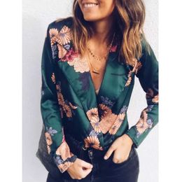 Women Sexy Floral Tuxedo Wrap Over Satin Bodysuit Leotard Top Jumpsuit Female Long Sleeve V Neck Summer Stain Bodysuit Tops Y0927