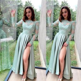 African Mint Green Prom Dresses Sheer Jewel Neck Long Sleeve Lace Appliques Mermaid Evening Gowns Red Carpet Robe De Soiree