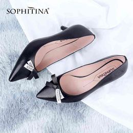 SOPHITINA Genuine Leather Pumps Women Pointed Toe Butterfly knot Thin Heels Concise Pumps Classics Shallow Shoes Women SC643 210513