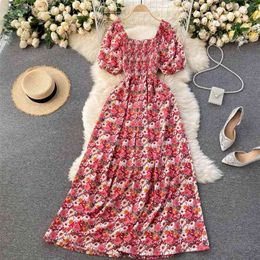 Women Fashion Retro Floral Print A-line Dress Square Collar Short Sleeve Slimming Holiday Elegant Vestidos De Mujer R630 210527