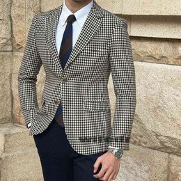 Houndstooth Plaid Casual Blazer for Men Suit Jacket with 2 Side Slit Slim Fit Male Coat Fashion Clothes Arrival 211111