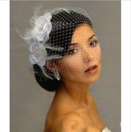 Bridal Veils Flowers Rose Bird Cage Veil Wedding Birdcage Netting Face Short Feather Flower White Fascinator Bride Hats With