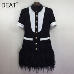 Turtleneck Metal Button Black And White Contrast Colour Patchwork Feather Dress Knee Length Mall Goth Summer GX436 210421