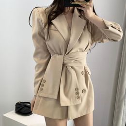 Women's Suits & Blazers Elegant Wrap Pink Blazer Women Lace Waist Solid OL Jacket Fashion Autumn Winter 2021 Female Coats With Blet