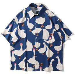 Summer Streetwear Shirts Men Short Sleeve Funny Goose Full Printed Hawaiian Beach Shirt Hip Hop Harajuku Korean Fashion Shirts 210708