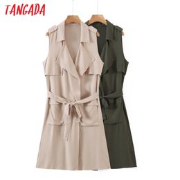 Women Khaki Trench Coat Sleeveless Elegant Ladies High Street Loose Outwear Tops 8H78 210416