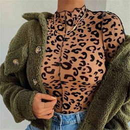 OMSJ Women Sexy Leopard Printed Skinny Bodysuit Brown High Neck Long Sleeve Jumpsuit Clubwear Tops Basic Overalls For Ladies 210728