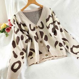 Women Leopard Knitted Cardigan Fashion Retro V Neck Long Sleeve Sweater Winter Casual Loose Korean Streetwear Jumper 210419