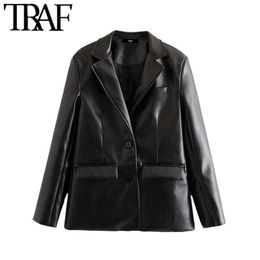 Women Vintage Stylish PU Faux Leather Pocket Blazer Coat Fashion Notched Collar Long Sleeve Female Outerwear Chic Tops 210507