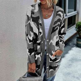 High Street Women's sweater V-Neck cardigans Autumn Winter Camouflage Midi Knitted Cardigan women Full coat 210508