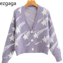 Ezgaga Women Sweater Autumn New Fashion Star Jacquard V-Neck Long Sleeve Single Breasted Outwear Ladies Knitted Cardigan Casual 210430