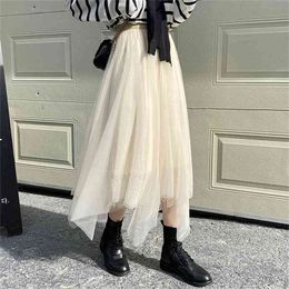 Solid Irregular Gentle Vintage Girls Brief Fashion Fairy Mesh Elastic-Waist Slender A-Line All Match Long Skirts 210525